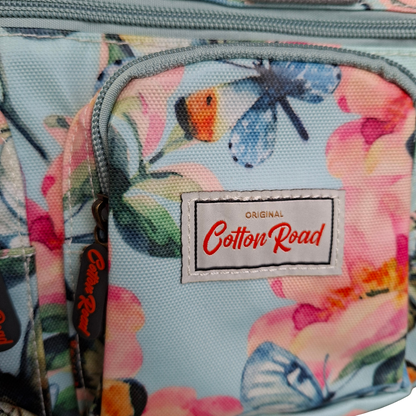 Cotton Road Handbag: LIGHT BLUE PVC with FLORAL and BUTTERFLY Print CARRY BRANDED
