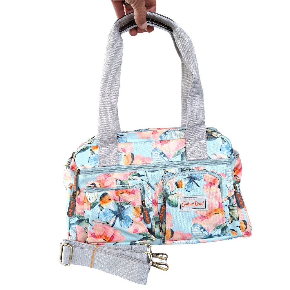 Cotton Road Handbag: LIGHT BLUE PVC with FLORAL and BUTTERFLY Print CARRY HANGING