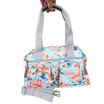 Cotton Road Handbag: LIGHT BLUE PVC with FLORAL and BUTTERFLY Print CARRY HANGING