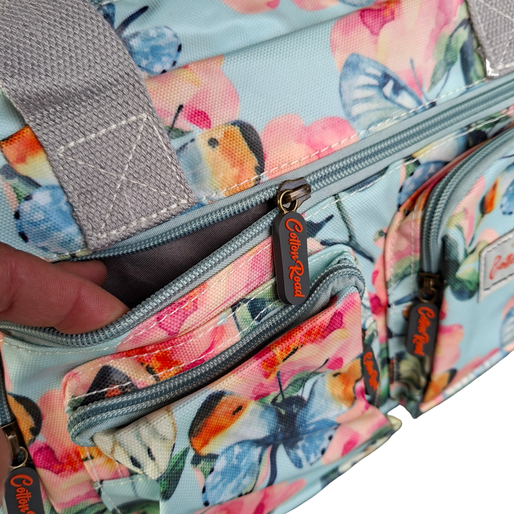 Cotton Road Handbag: LIGHT BLUE PVC with FLORAL and BUTTERFLY Print CARRY POCKETS