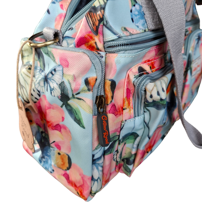 Cotton Road Handbag: LIGHT BLUE PVC with FLORAL and BUTTERFLY Print CARRY SIDE
