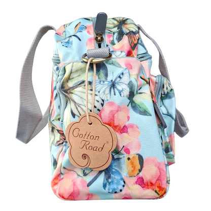 Cotton Road Handbag: LIGHT BLUE PVC with FLORAL and BUTTERFLY Print CARRY SIDE VIEW