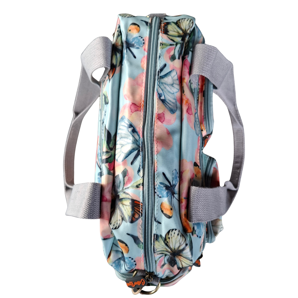 Cotton Road Handbag: LIGHT BLUE PVC with FLORAL and BUTTERFLY Print CARRY TOP VIEW