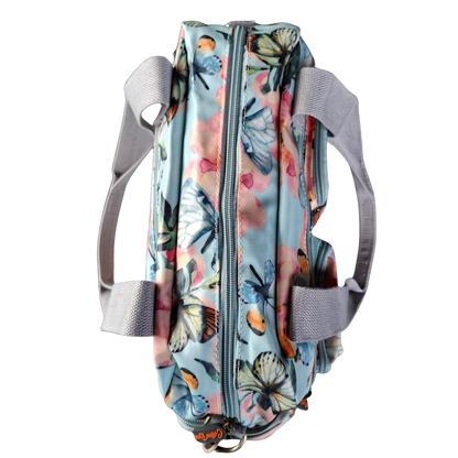 Cotton Road Handbag: LIGHT BLUE PVC with FLORAL and BUTTERFLY Print CARRY TOP VIEW