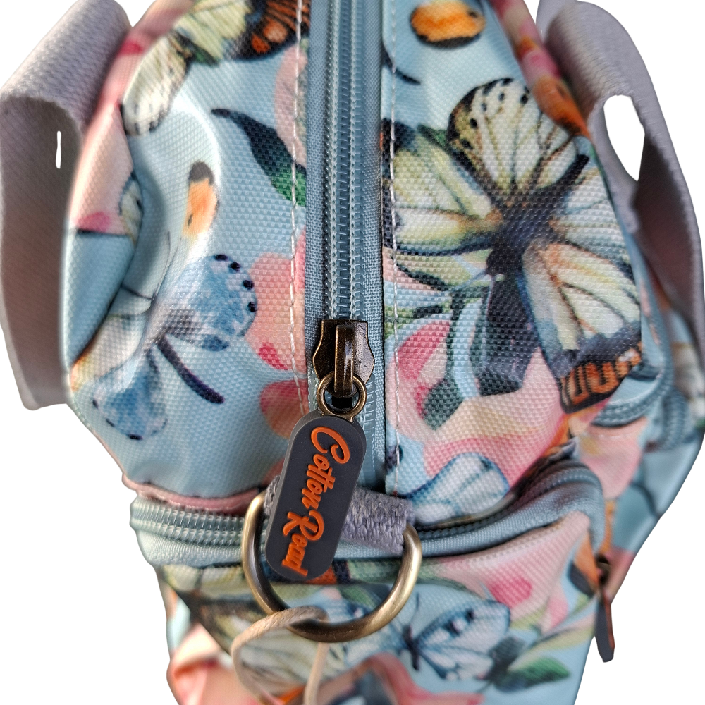 Cotton Road Handbag: LIGHT BLUE PVC with FLORAL and BUTTERFLY Print CARRY TOP ZIP