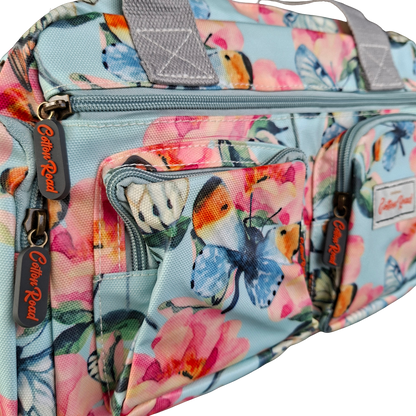 Cotton Road Handbag: LIGHT BLUE PVC with FLORAL and BUTTERFLY Print CARRY ZOOM VIEW
