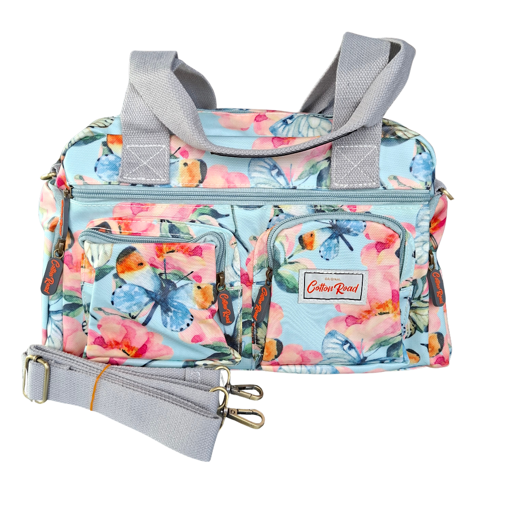 Cotton Road Handbag: LIGHT BLUE PVC with FLORAL and BUTTERFLY Print FRONT