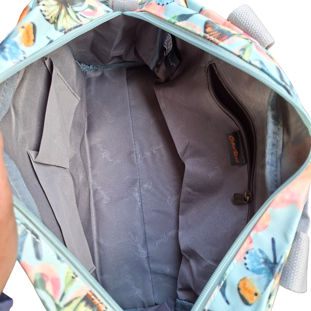 Cotton Road Handbag: LIGHT BLUE PVC with FLORAL and BUTTERFLY Print INSIDE