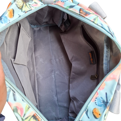 Cotton Road Handbag: LIGHT BLUE PVC with FLORAL and BUTTERFLY Print INSIDE