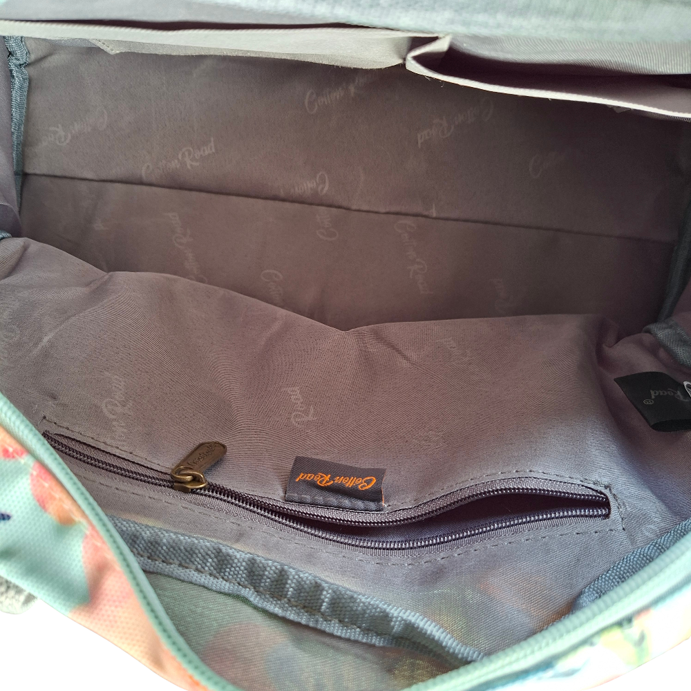Cotton Road Handbag: LIGHT BLUE PVC with FLORAL and BUTTERFLY Print INSIDE VIEW