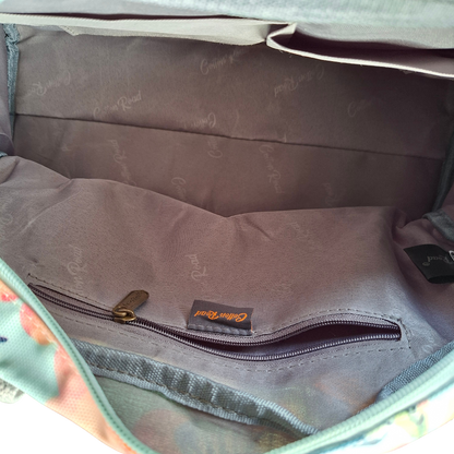 Cotton Road Handbag: LIGHT BLUE PVC with FLORAL and BUTTERFLY Print INSIDE VIEW
