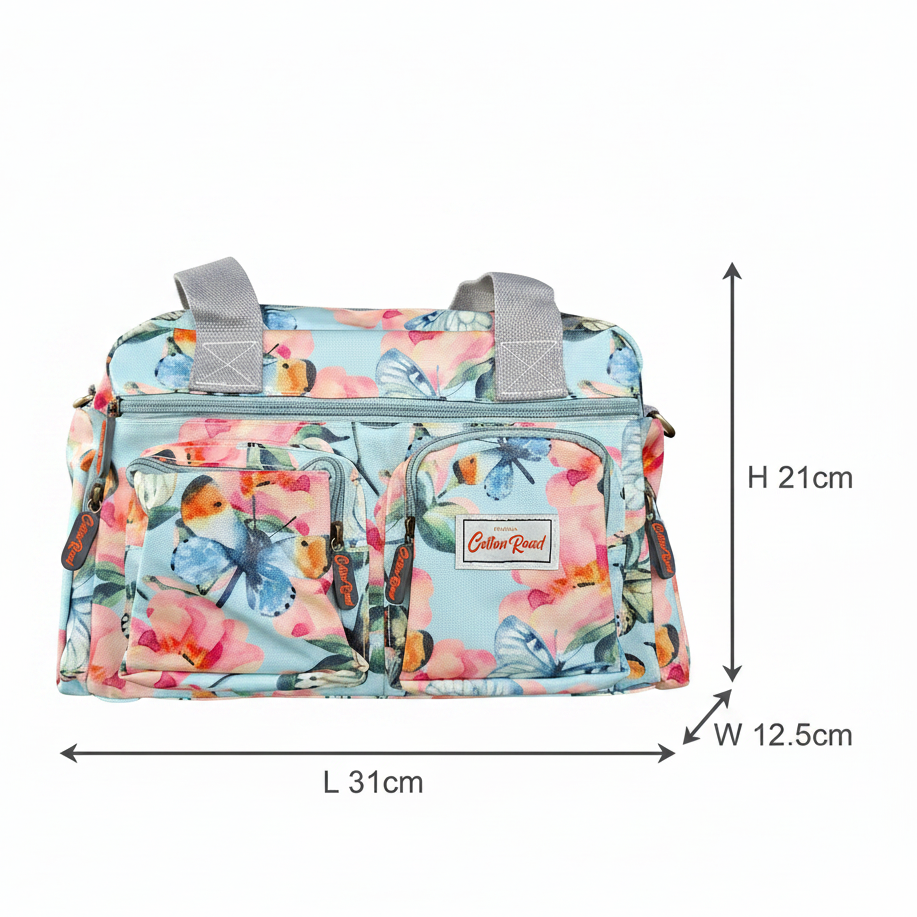 Cotton Road Handbag: LIGHT BLUE PVC with FLORAL and BUTTERFLY Print SIZE