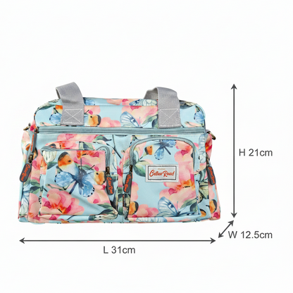 Cotton Road Handbag: LIGHT BLUE PVC with FLORAL and BUTTERFLY Print SIZE