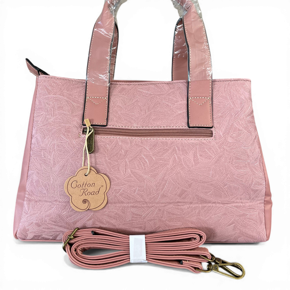 Cotton Road Handbag: PINK PU Leather HANDBAG with LEAF Design BACK VIEW