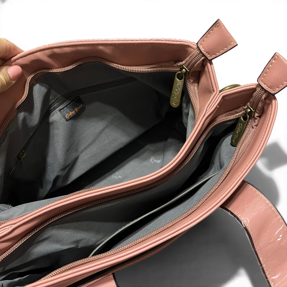 Cotton Road Handbag: PINK PU Leather HANDBAG with LEAF Design OPEN VIEW