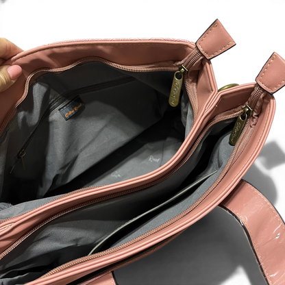 Cotton Road Handbag: PINK PU Leather HANDBAG with LEAF Design OPEN VIEW