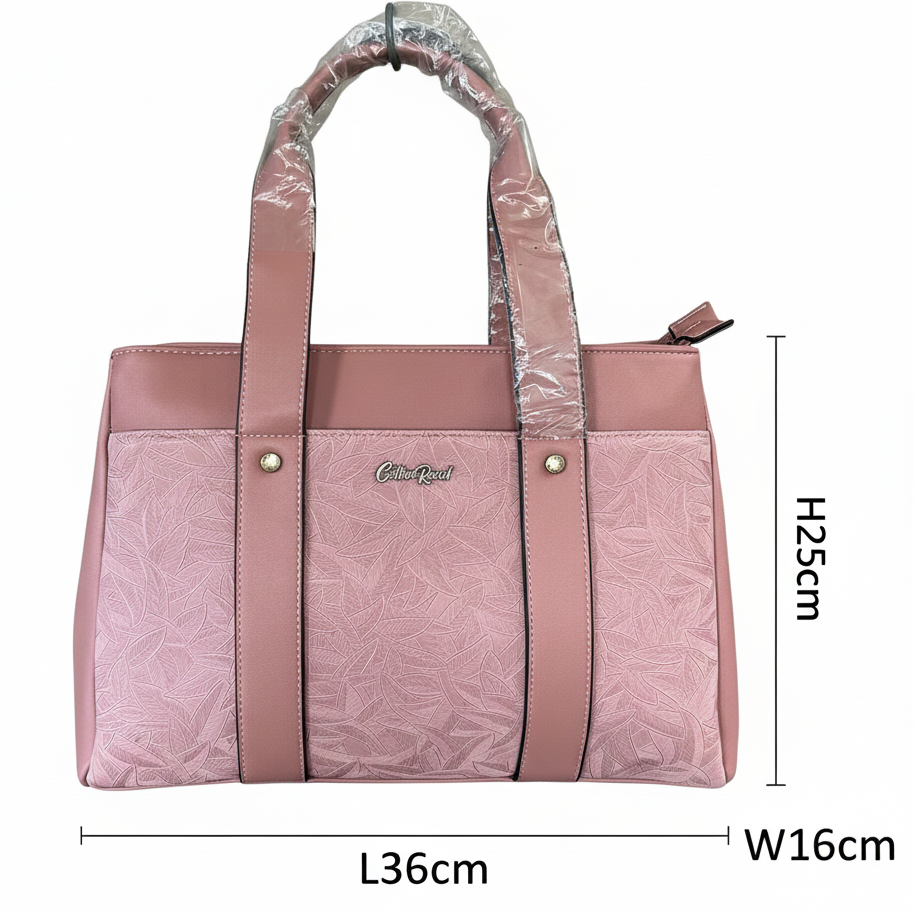 Cotton Road Handbag: PINK PU Leather HANDBAG with LEAF Design 