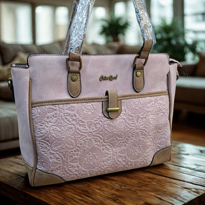 Cotton Road Handbag: PINK PU Leather with Embossed Pattern
