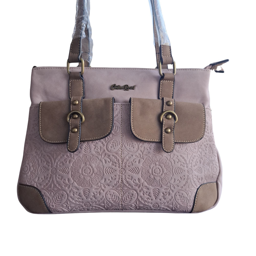 Cotton Road Handbag: PINK PU Leather with Embossed Pattern