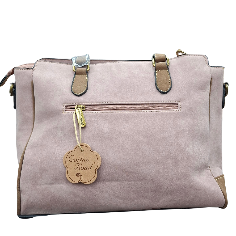 Cotton Road Handbag: PINK PU Leather with Embossed Pattern BACK VIEW