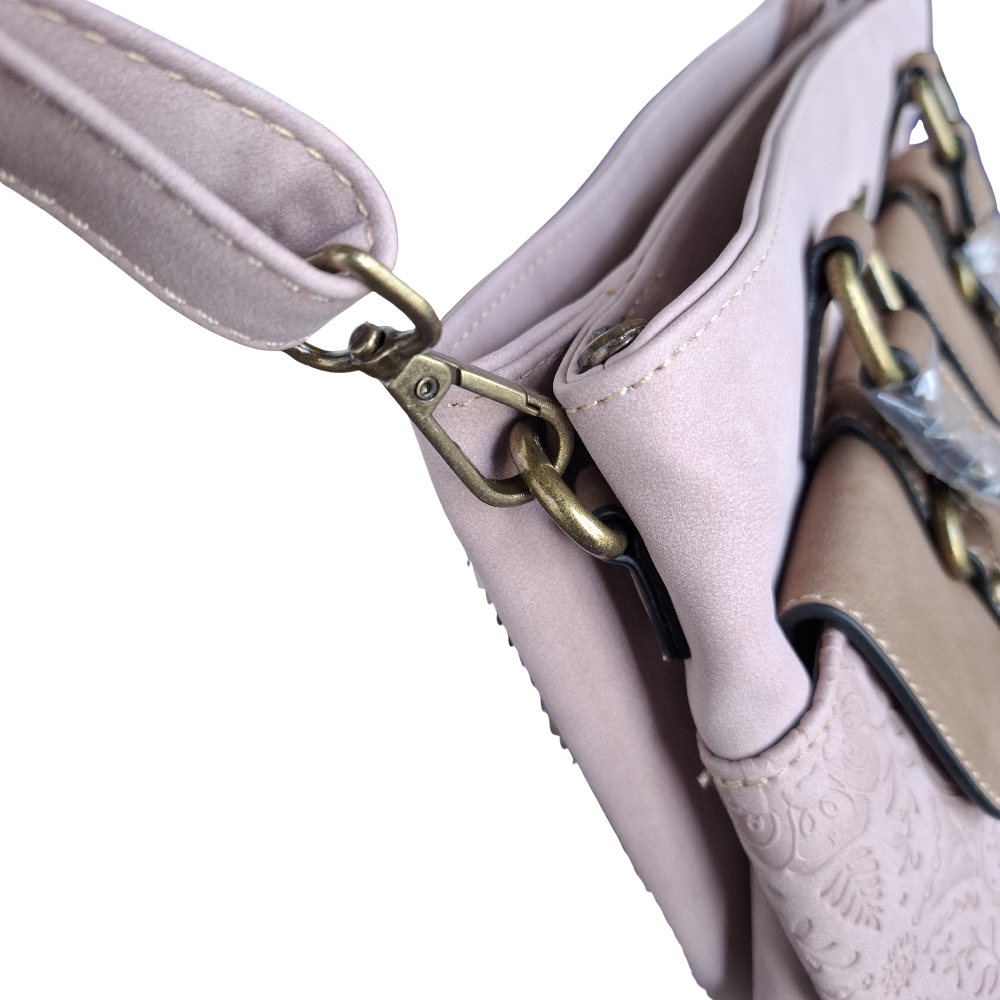 Cotton Road Handbag: PINK PU Leather with Embossed Pattern DETAIL