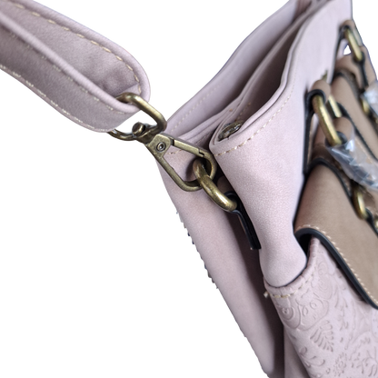 Cotton Road Handbag: PINK PU Leather with Embossed Pattern DETAIL