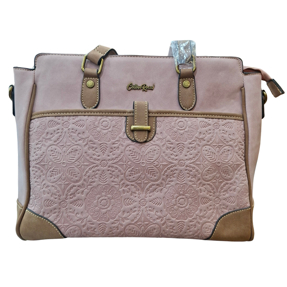 Cotton Road Handbag: PINK PU Leather with Embossed Pattern FRONT