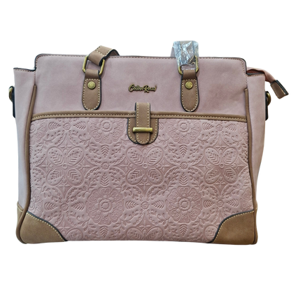 Cotton Road Handbag: PINK PU Leather with Embossed Pattern FRONT