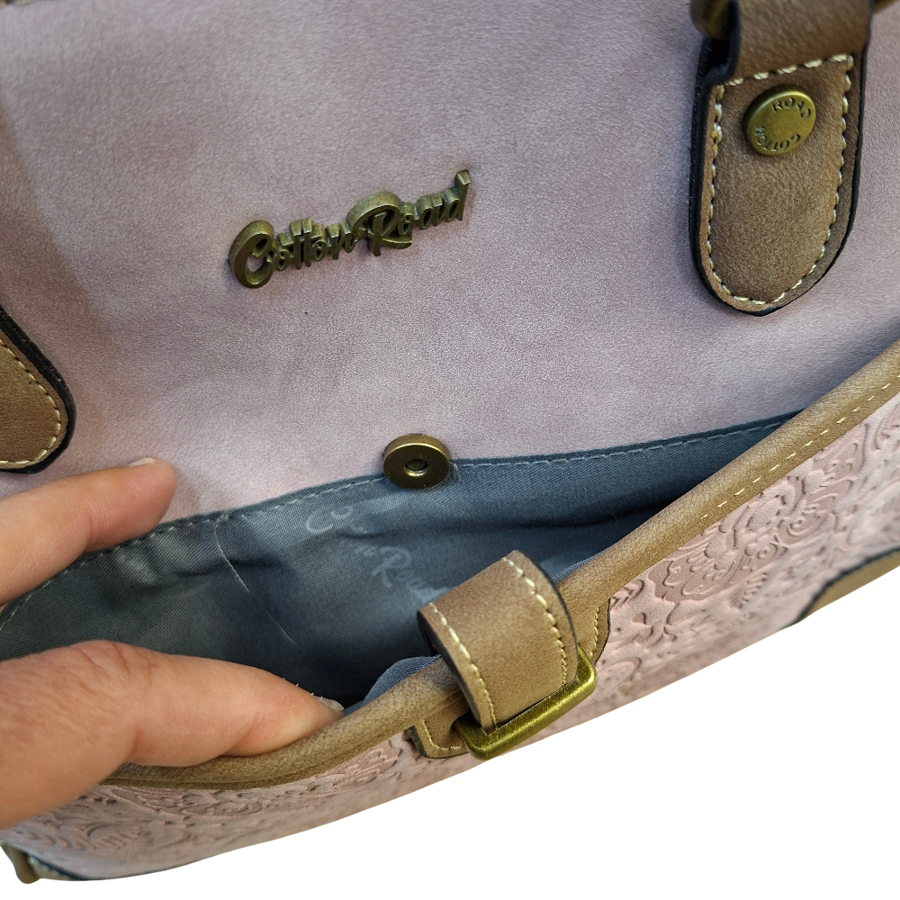 Cotton Road Handbag: PINK PU Leather with Embossed Pattern FRONT OPEN POCKET