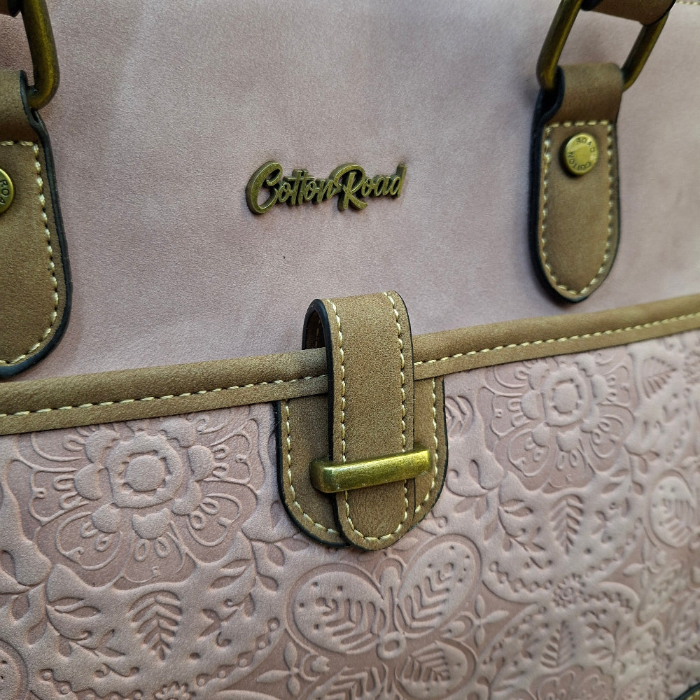 Cotton Road Handbag: PINK PU Leather with Embossed Pattern FRONT ZOOM