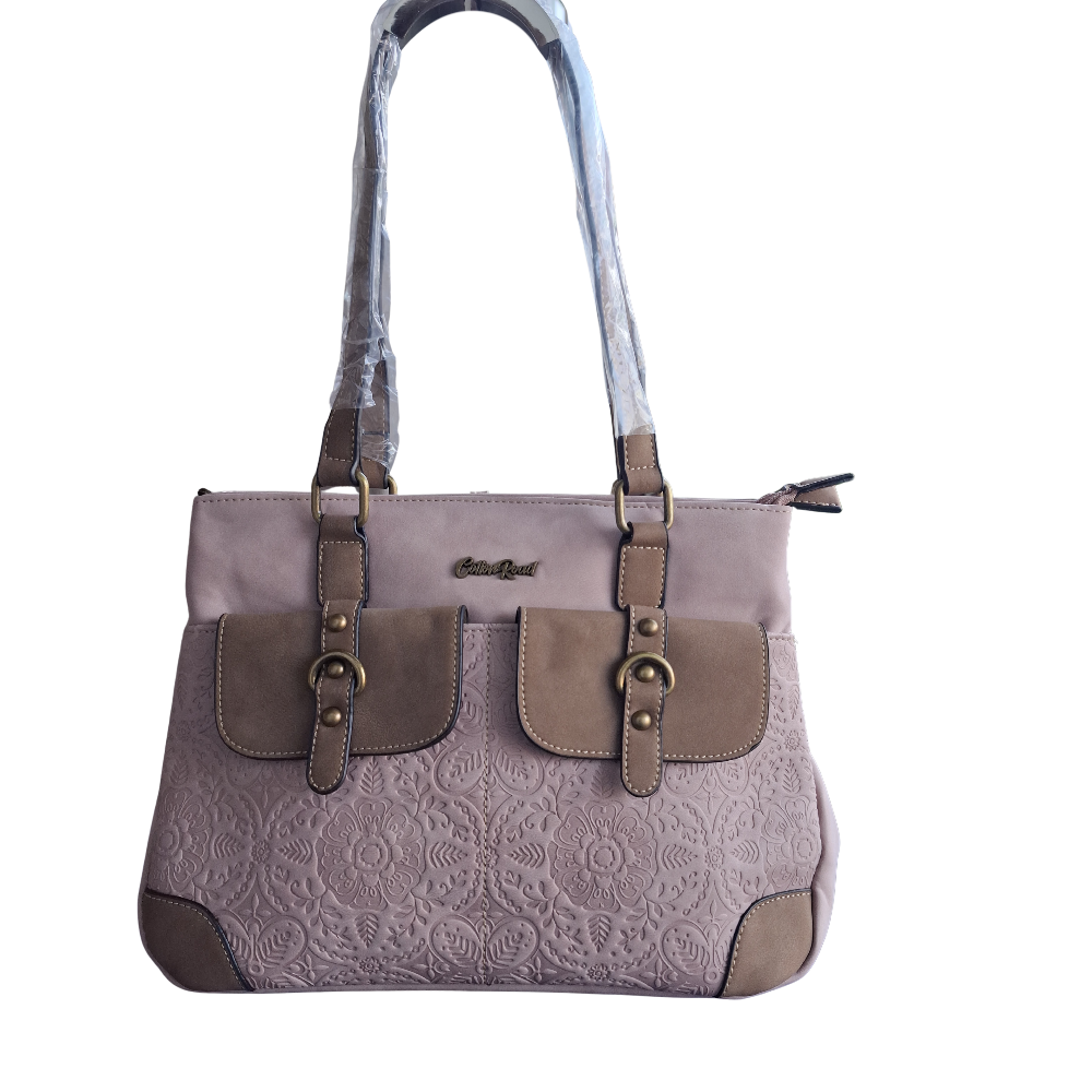 Cotton Road Handbag: PINK PU Leather with Embossed Pattern HANGING