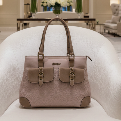 Cotton Road Handbag: PINK PU Leather with Embossed Pattern HERO