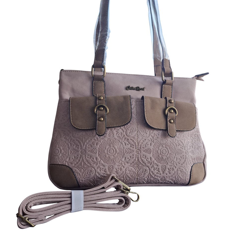 Cotton Road Handbag: PINK PU Leather with Embossed Pattern SET