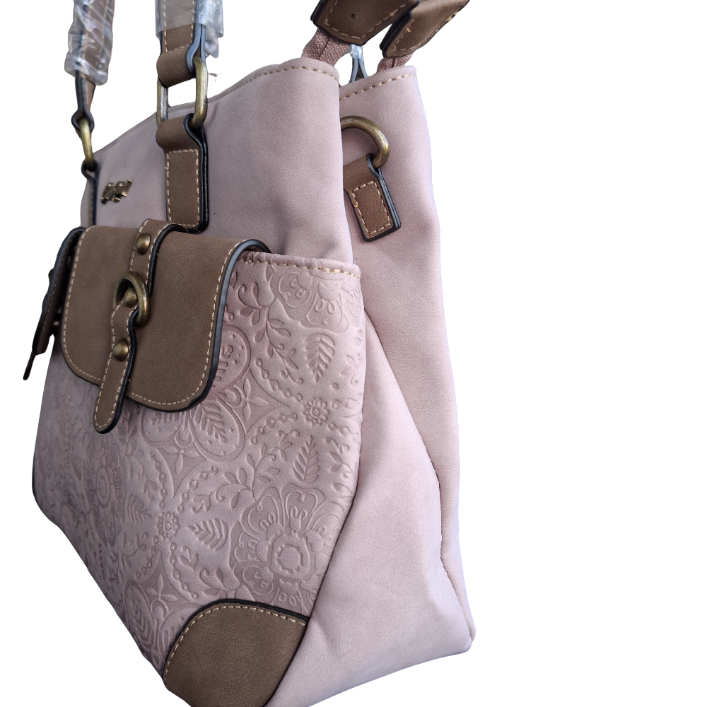 Cotton Road Handbag: PINK PU Leather with Embossed Pattern SIDE