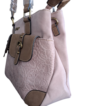 Cotton Road Handbag: PINK PU Leather with Embossed Pattern SIDE