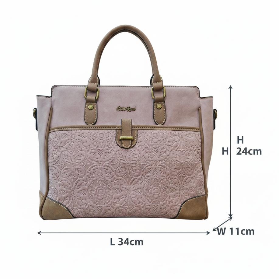 Cotton Road Handbag: PINK PU Leather with Embossed Pattern SIZE