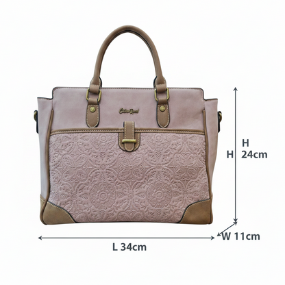 Cotton Road Handbag: PINK PU Leather with Embossed Pattern SIZE