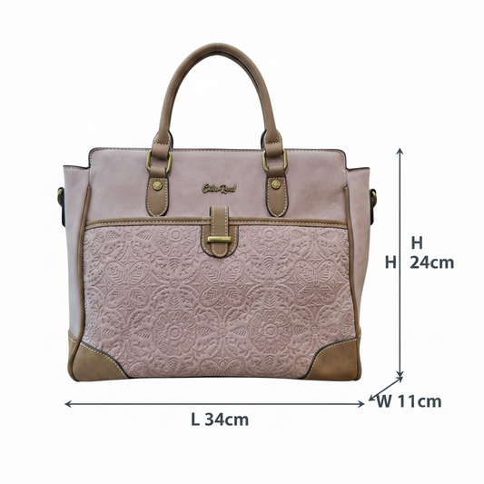 Cotton Road Handbag: PINK PU Leather with Embossed Pattern SIZE