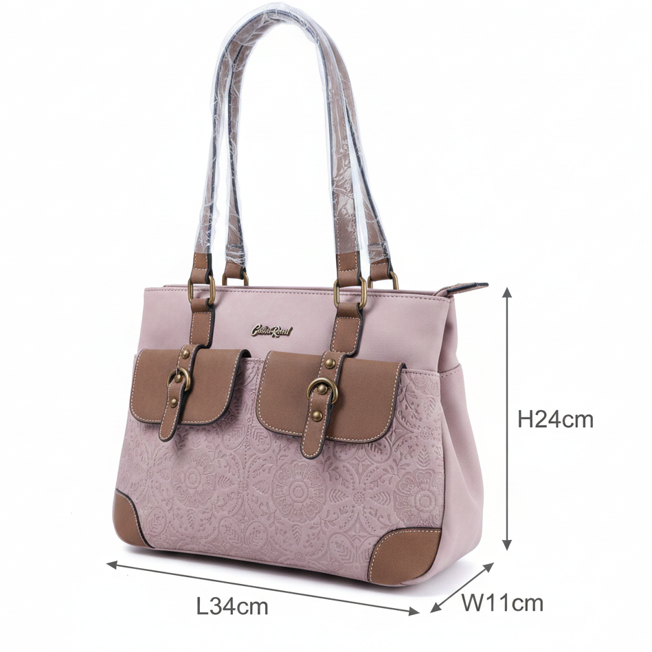 Cotton Road Handbag: PINK PU Leather with Embossed Pattern SIZED