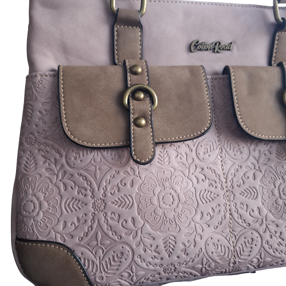 Cotton Road Handbag: PINK PU Leather with Embossed Pattern ZOOM DETAIL