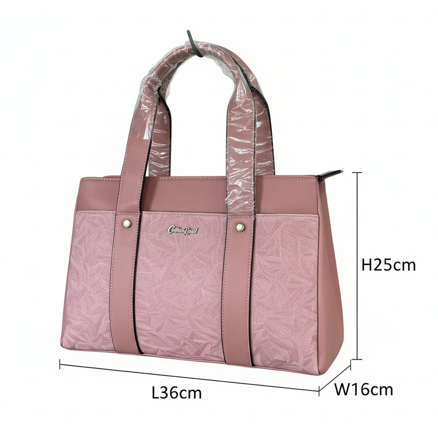 Cotton Road Handbag: PINK PU Leather with LEAF Design SIZED