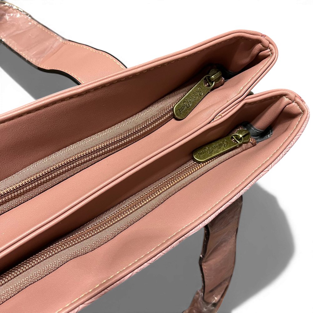 Cotton Road Handbag: PINK PU Leather with LEAF Design TOP ZIPS