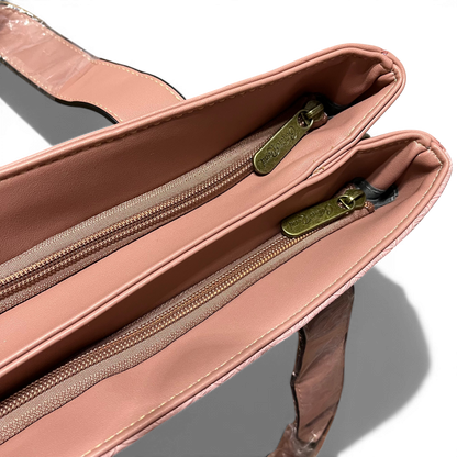 Cotton Road Handbag: PINK PU Leather with LEAF Design TOP ZIPS
