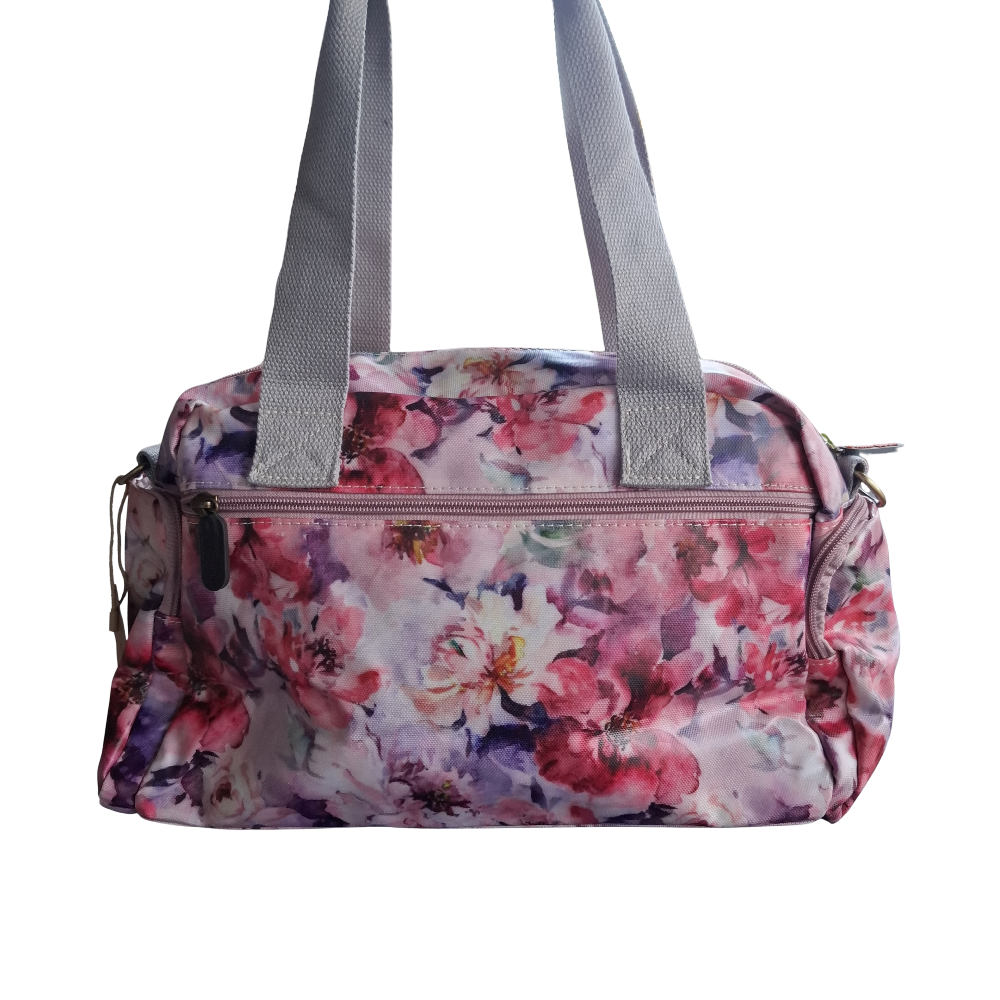 Cotton Road Handbag: PINK PVC Handbag with FLORAL PRINT back