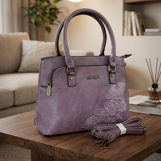Cotton Road Handbag: PURPLE PU Leather Bag with EMBROIDERY HERO