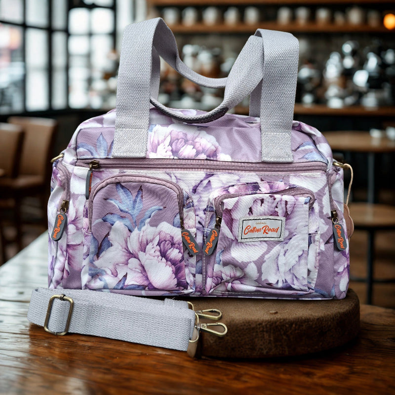 Cotton Road Handbag: PURPLE PVC with FLORAL Print