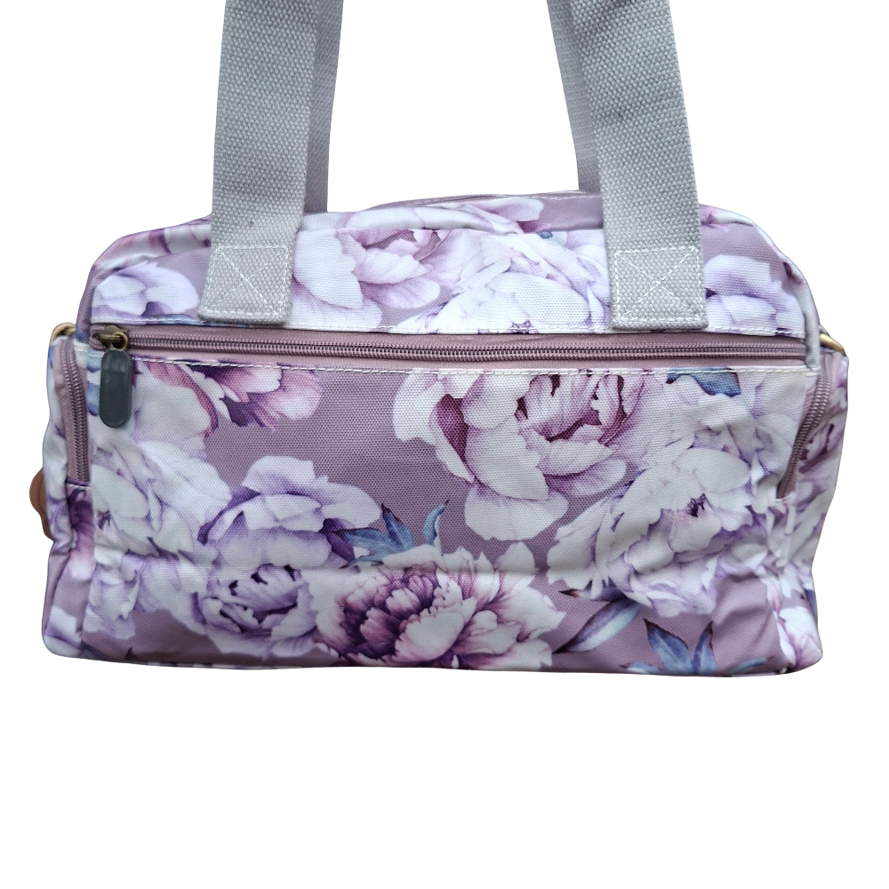 Cotton Road Handbag: PURPLE PVC with FLORAL Print BACK VIEW