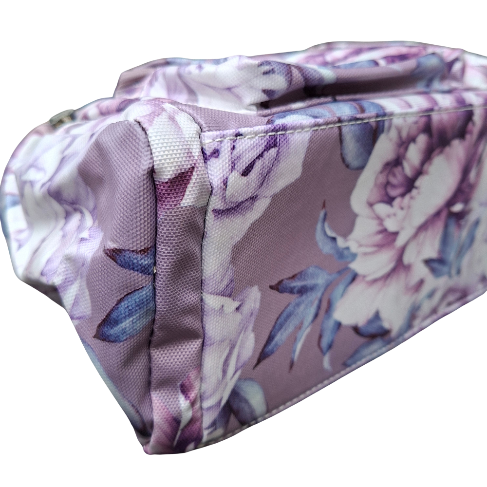 Cotton Road Handbag: PURPLE PVC with FLORAL Print BOTTOM VIEW