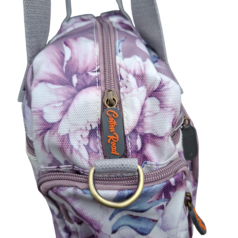 Cotton Road Handbag: PURPLE PVC with FLORAL Print DETAIL
