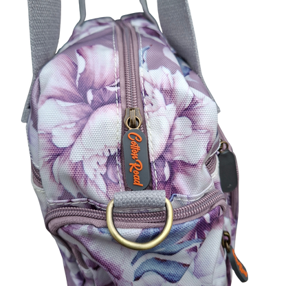 Cotton Road Handbag: PURPLE PVC with FLORAL Print DETAIL